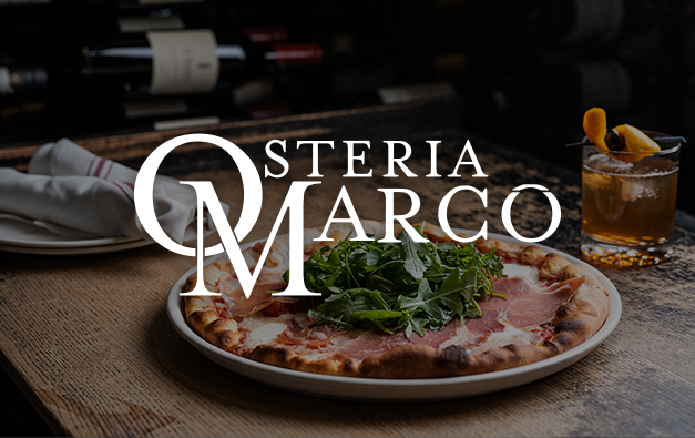 Osteria Marco logo over a photo of pizza
