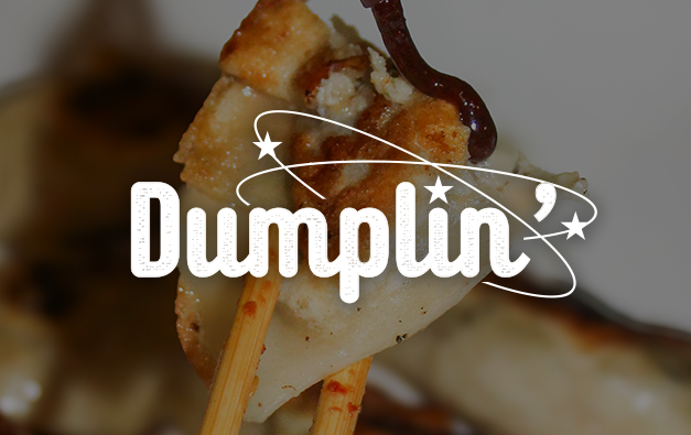 Dumplin logo over a photo of a dumpling